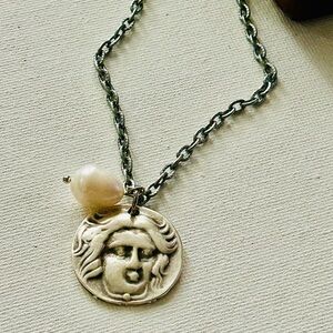 Silver Coin Medallion Necklace with Pearl Accent